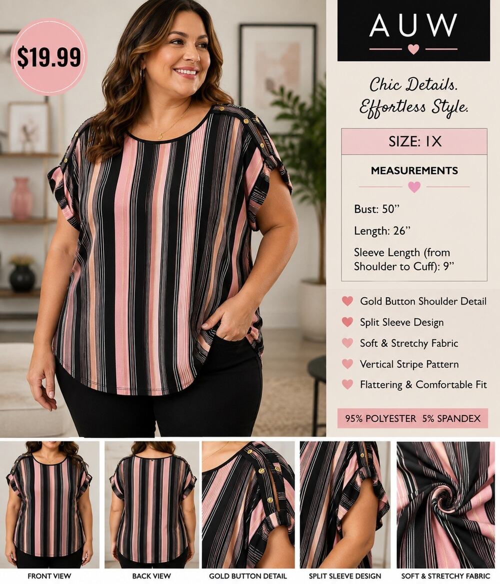 AUW Women’s Black/Pink Striped Knit Pullover Blouse Round Neck Button Stretch 1X